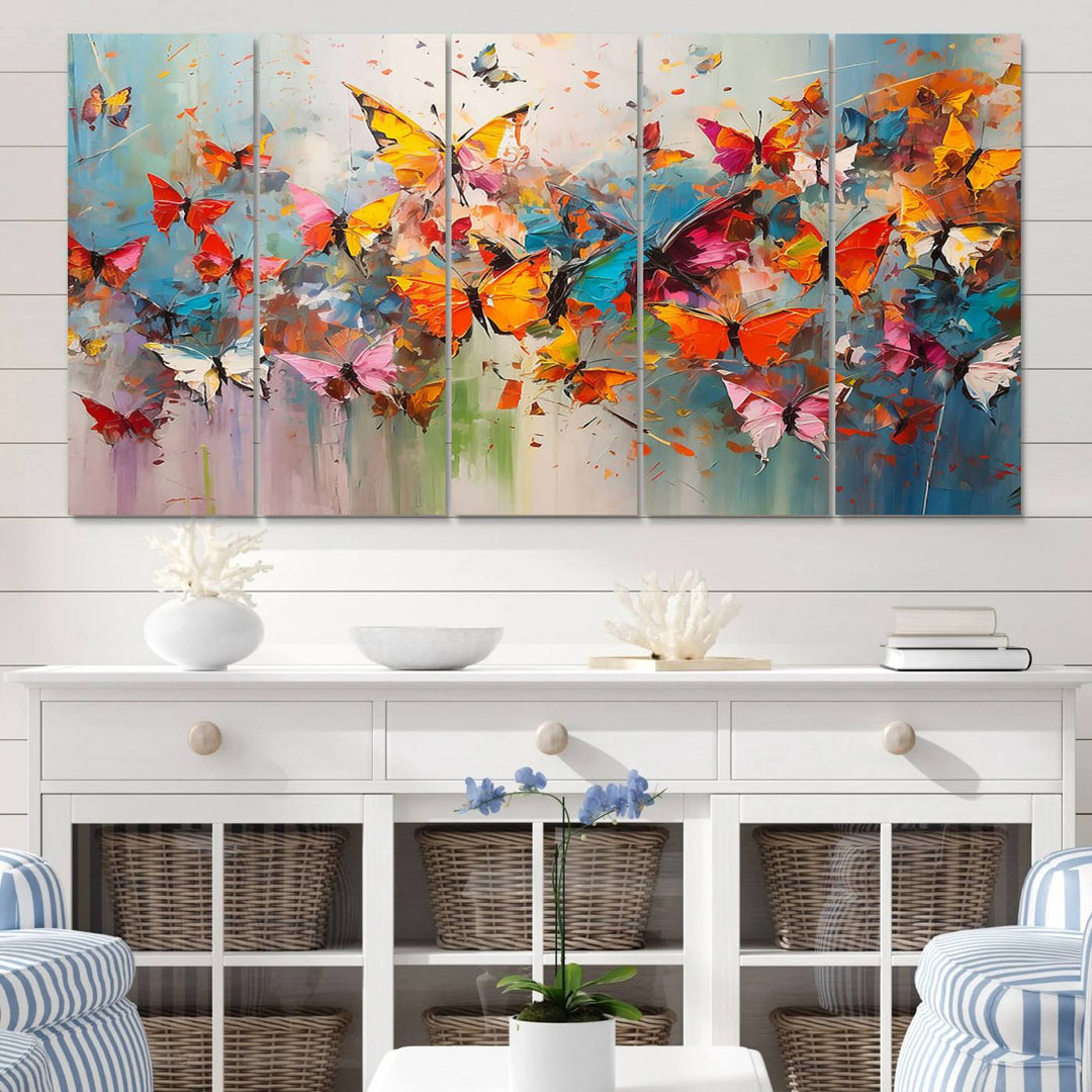 The Abstract Butterfly Wall Art Canvas Print hangs prominently, adding a touch of elegance and creativity to the room.