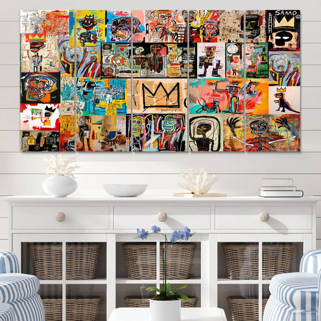 A Basquiat graffiti-style collage adorns the wall.