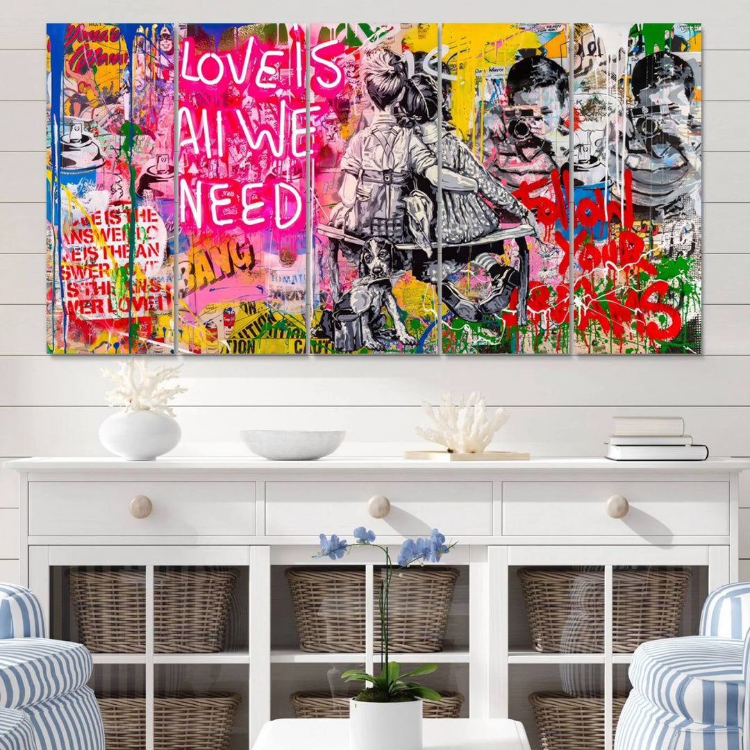 A vibrant and dynamic triptych features distorted horizontal lines, resembling graffiti street art. This artwork conveys the themes of "Follow Your Dreams" and "Love is All We Need" across three colorful panels.