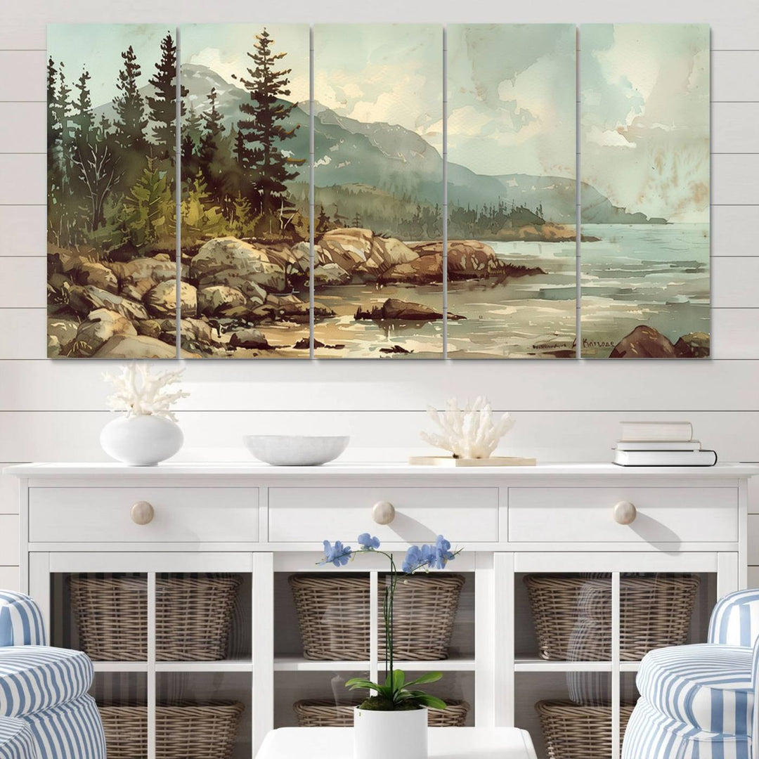 Framed Abstract Acadia National Park wall art, depicting a rocky coastline with trees and mountains, ready to hang.