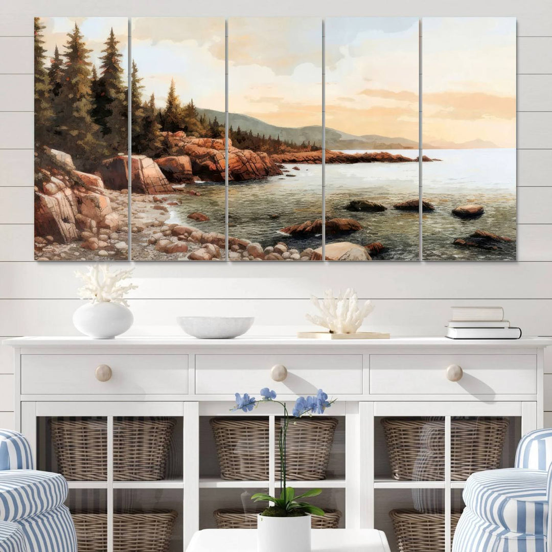 The Serene Coastal View of Acadia National Park 3-panel canvas, framed and ready to hang, adorns the wall.