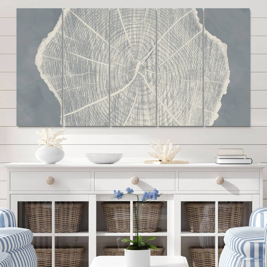 A gray wall displays the Abstract Tree Ring Wall Art print.