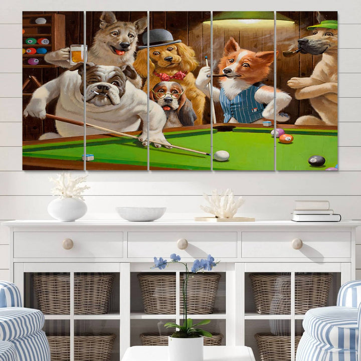 Dogs Playing Pool Canvas Wall Art: This artwork depicts a room where dogs are engaged in a game of pool. One dog is poised to cue while others observe the scene.