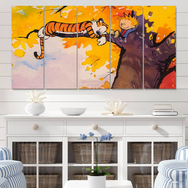 Premium canvas Calvin Wall Arts featuring a boy and tiger relaxing on a branch.