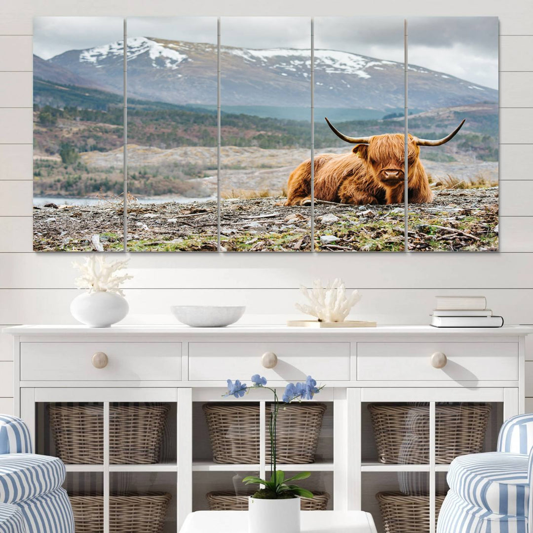 Highland Cow Horn Farm Wall Art Canvas Print is displayed against a wooden wall featuring a mountainous backdrop.