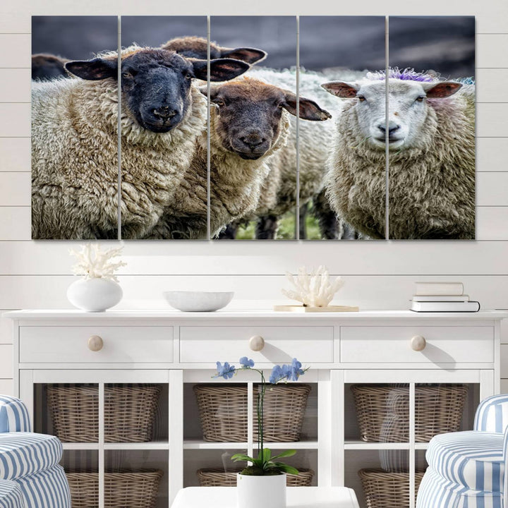 The Charming Sheep Portrait Wall Art hangs on a wooden wall.