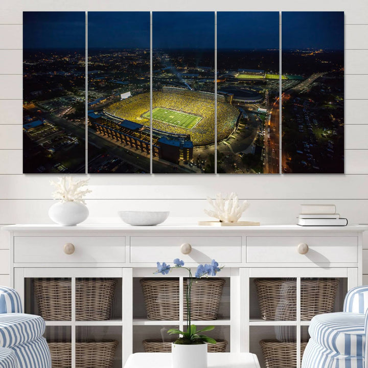 Aerial view of Michigan Stadium nightlife on canvas – Framed, ready-to-hang sports arena wall art.