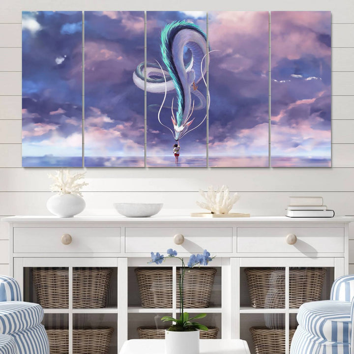 The Spirited Away Haku and Chihiro poster captures a cherished scene for anime lovers under a colorful, cloudy sky.