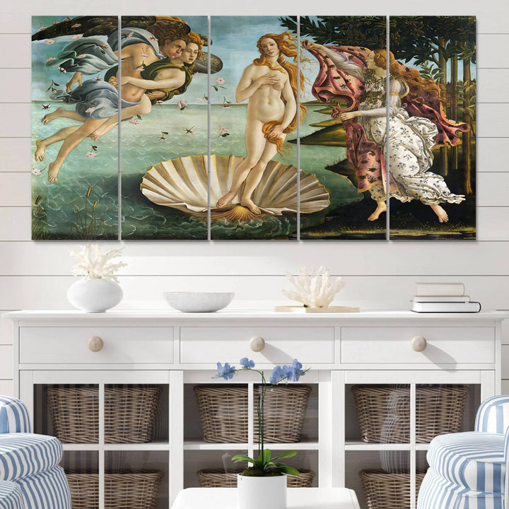 A canvas print of Botticellis The Birth of Venus is displayed on the wall.