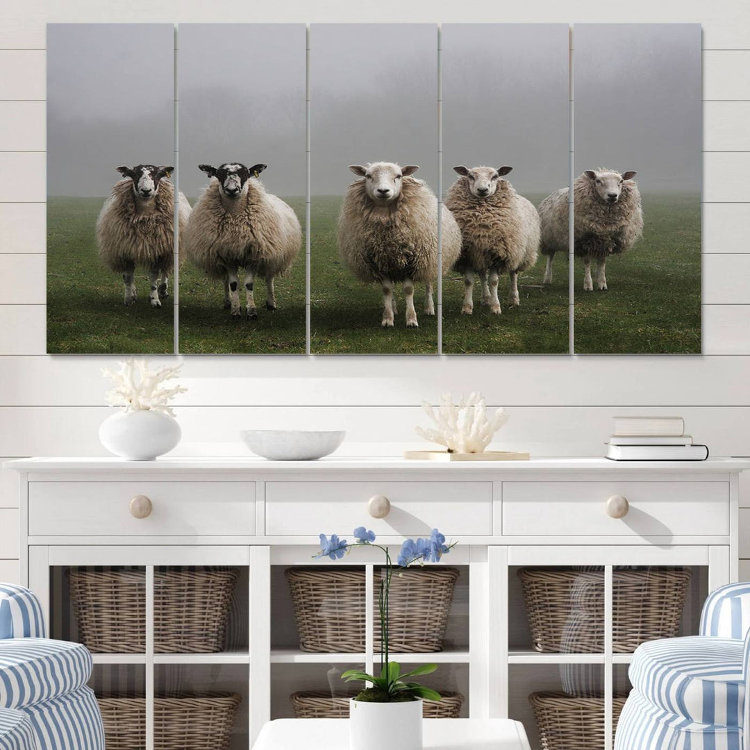 The Flock of Sheep in a Mystical Fog canvas print is framed and ready to hang.