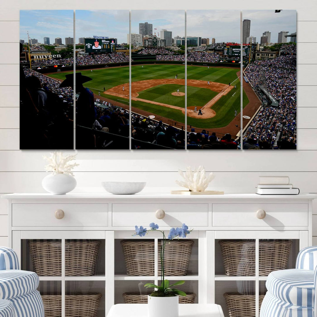 Admire this museum-quality canvas print of a Chicago Cubs game with a cityscape view from the stands at Wrigley Field.