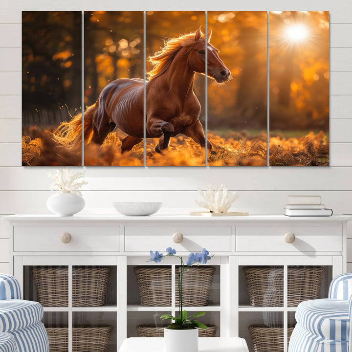 The Running Horse Sunset Forest Wall Art Canvas Print showcases a gallop in an autumn forest with sunlight streaming through the trees.