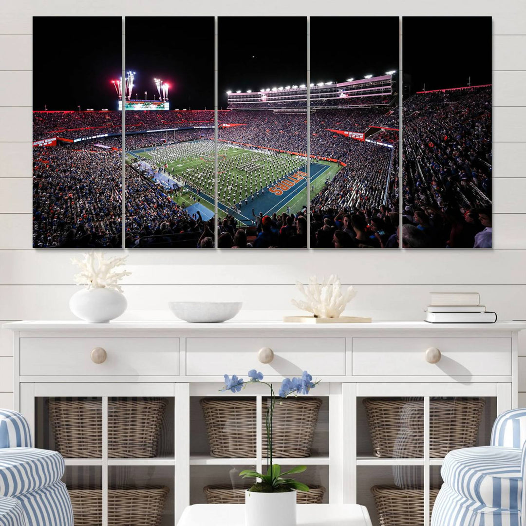 The Gators Night Game Canvas Art captures a lively night at Ben Hill Griffin Stadium with vibrant fireworks and the energy of a live band.