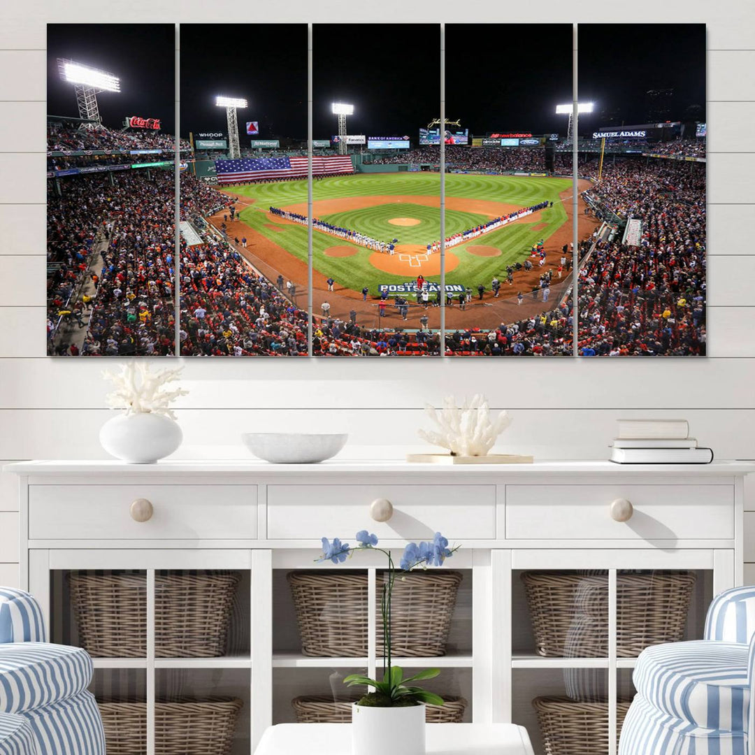 The Fenway Park Wall Art Canvas Print showcases a stunning aerial view of Bostons iconic ballpark at night, making it an ideal piece for any Red Sox enthusiast.