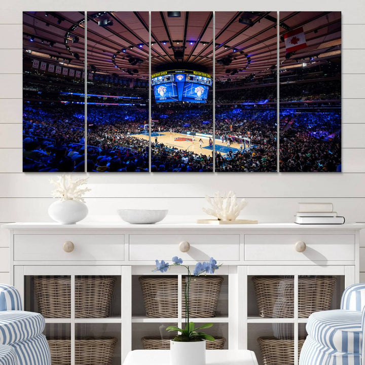 A print depicting an NBA game at Madison Square Garden, highlighting the scoreboard.