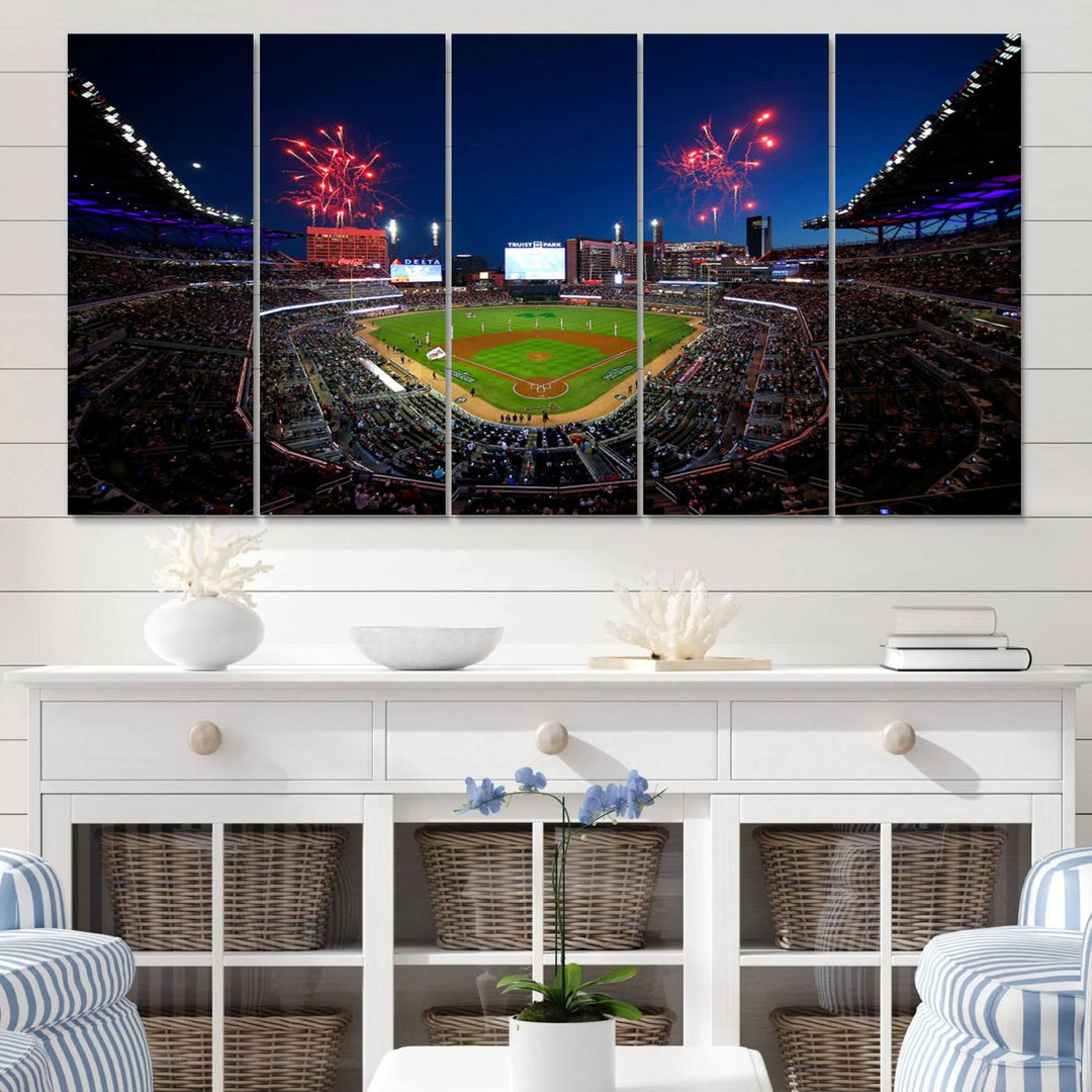 Truist Park wall art: fireworks over a Braves crowd, a large 3-panel canvas, framed and ready-to-hang.