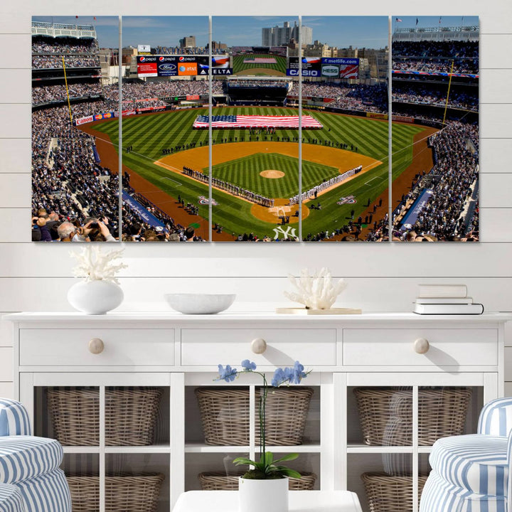 The Yankee Stadium New York wall art print features a vibrant scene of baseball fans with a large flag and players, expertly capturing the spirit of the game. This ready-to-hang décor is perfect for adding a dynamic touch to any space.