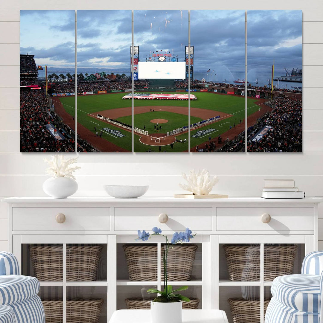 This framed 3-panel canvas MLB wall art features a giant flag and fans under a cloudy sky at Oracle Park.