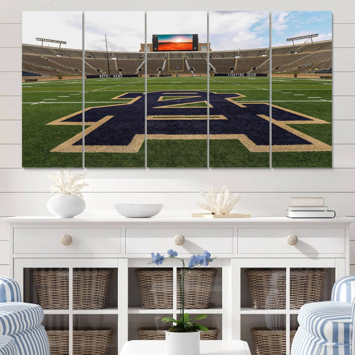 Notre Dame Stadium Triptych: This ready-to-hang giclee canvas print features a vibrant depiction of the football field adorned with an A logo and a stunning sunset.