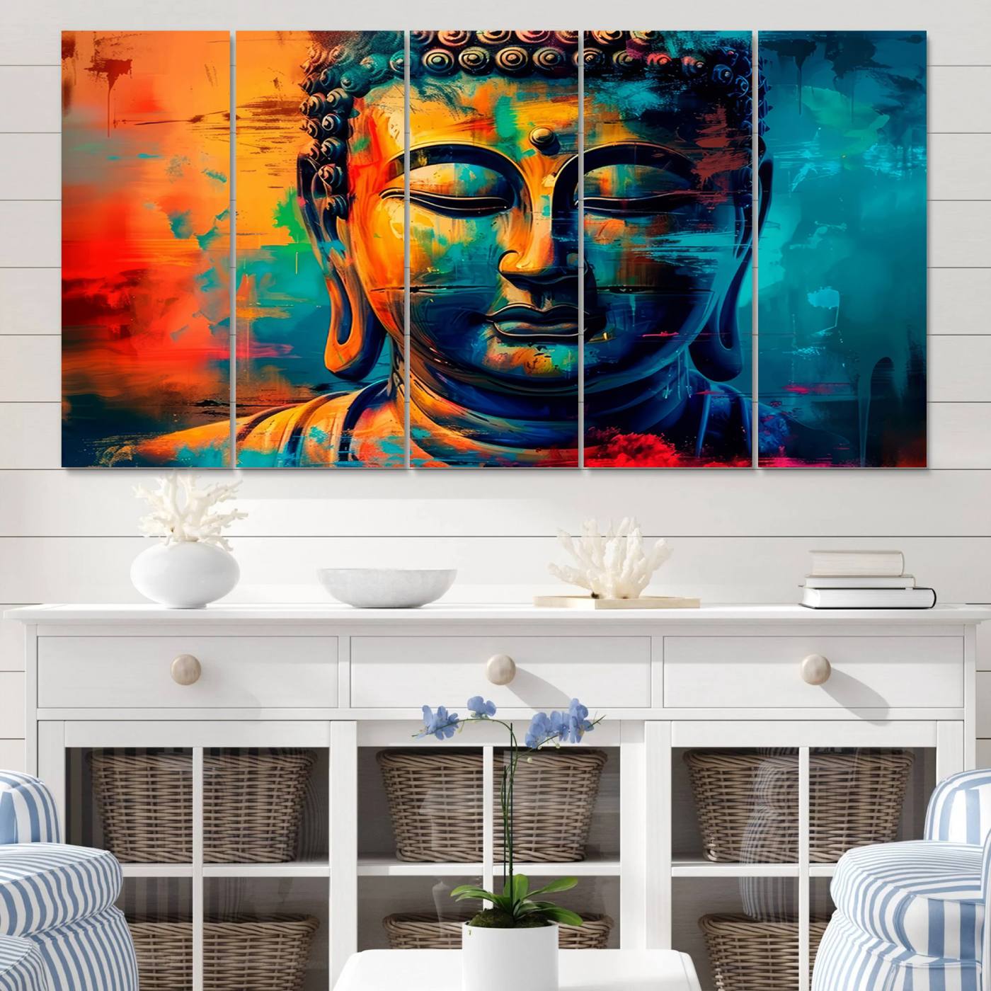 A vibrant, abstract artistic rendition of a Buddha statue face, blending bold and contrasting colors to evoke a sense of peace, spirituality, and enlightenment.