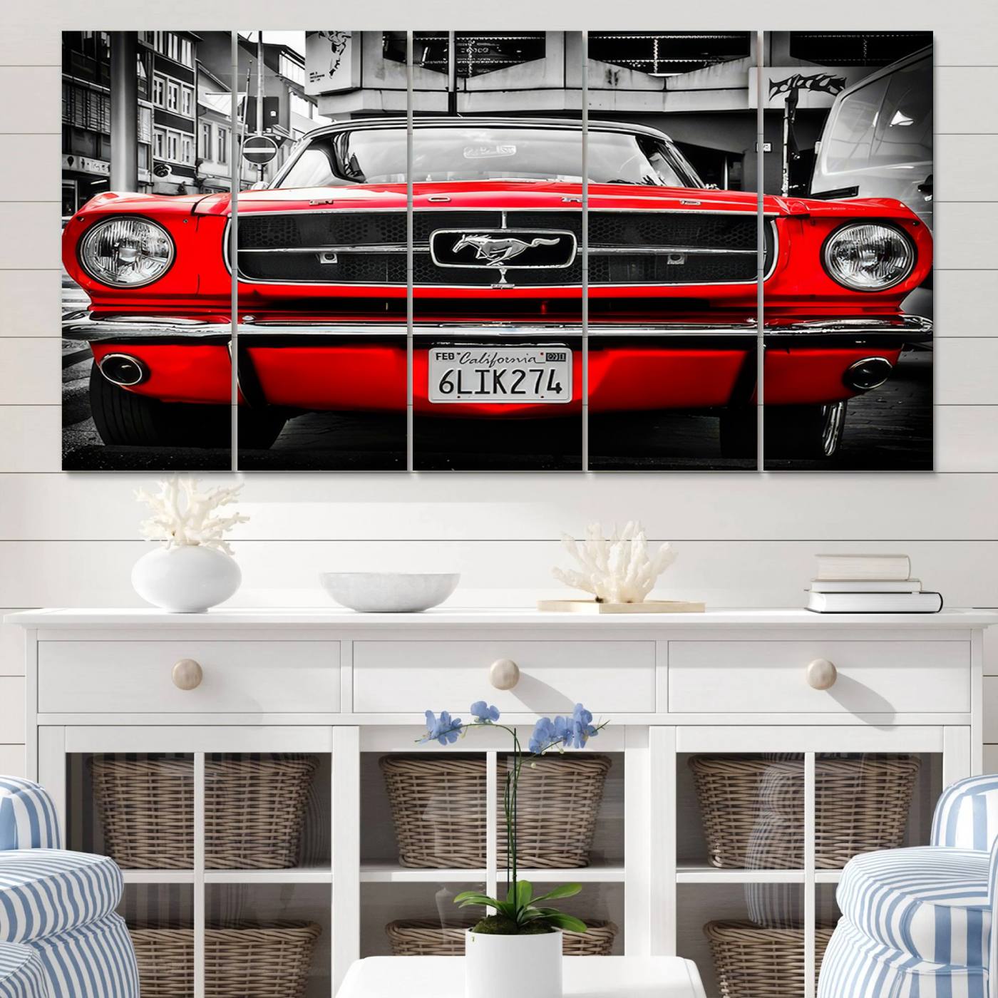 20365-MGV-CV-60X31-5P-Wall Art Canvas Print – Classic Red Mustang Car Front View Black and White Urban Background Vintage Charm For Guest Room, Office, Home, Study Room.