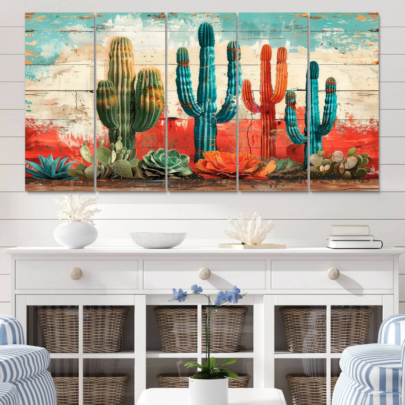 27998-MGV-CV-60X31-5P-Wall Art Canvas Print – Colorful Cacti Vibrant Succulents Rustic Wooden Background Bold Desert Vibes For Guest Room, Office, Home, Study Room.