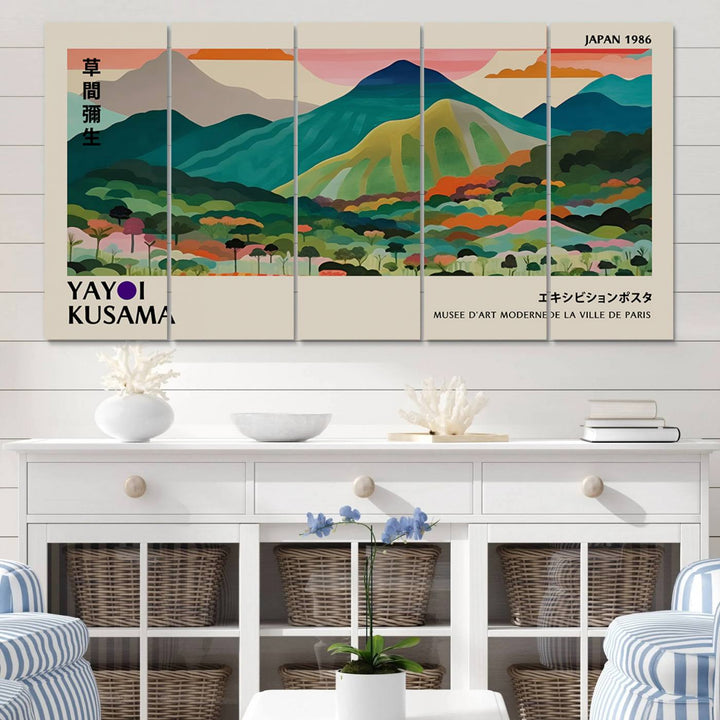 Vibrant Kusama landscape canvas featuring floral mountains and botanical decor, ideal for a modern home.