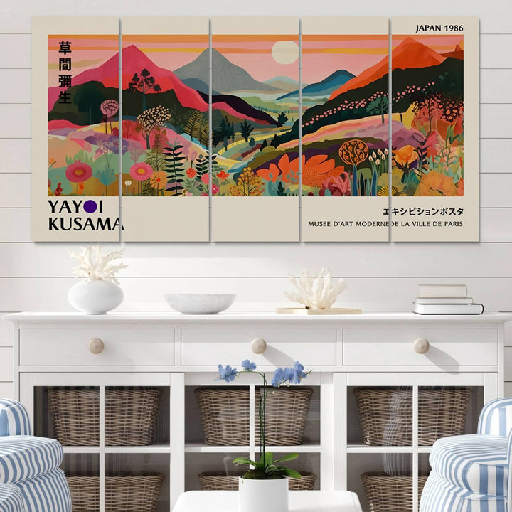 The Yayoi Kusama Landscape Print features vibrant floral mountains with abstract designs, ideal for modern decor.