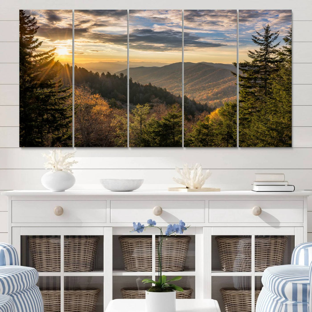 The dining area is beautifully decorated with the Sunrise Over the Smoky Mountains Canvas Wall Art – a breathtaking scenic landscape photography in a stunning triptych that's ready to hang.