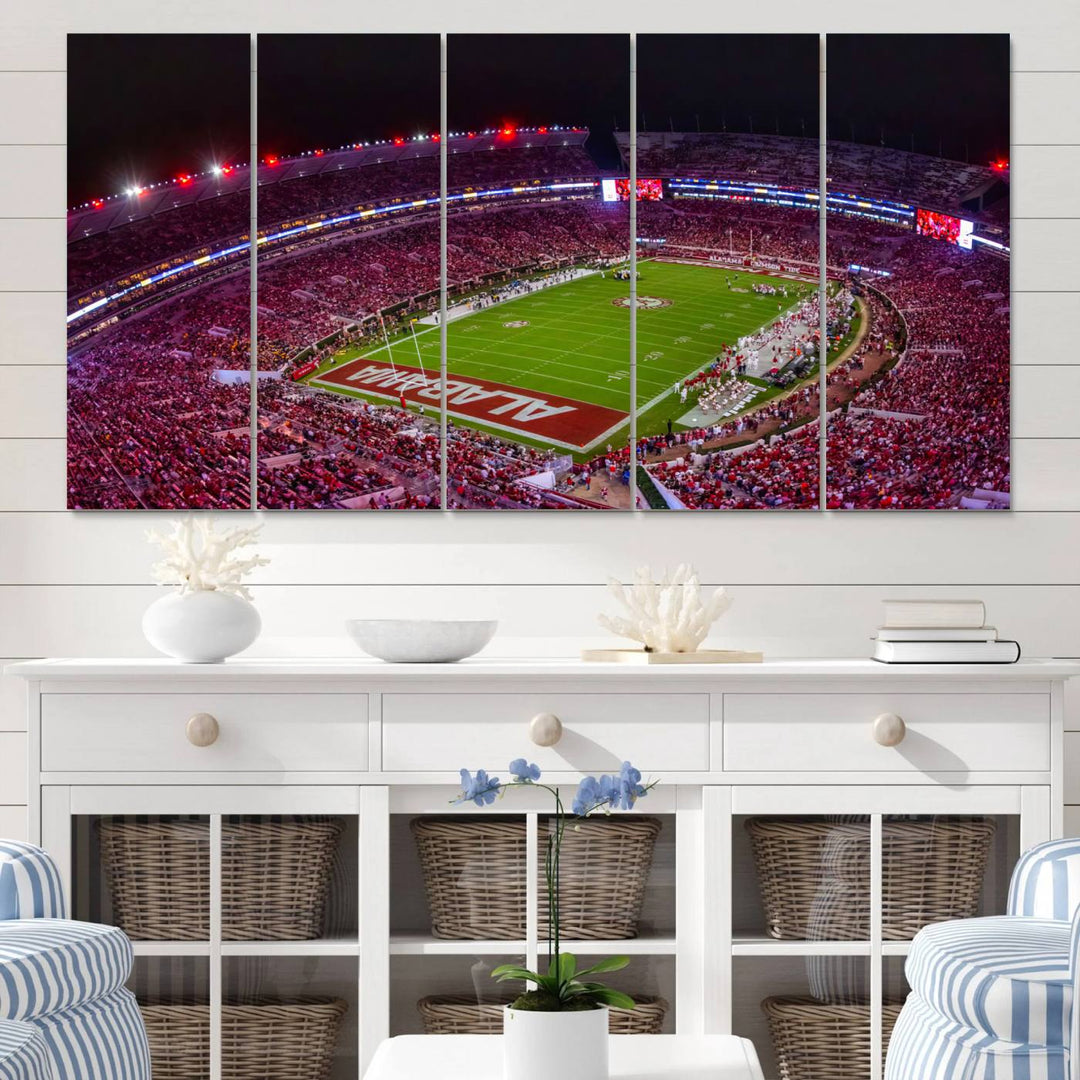 The living room features a Bryant-Denny Stadium Night Game Triple Canvas Wall Art.