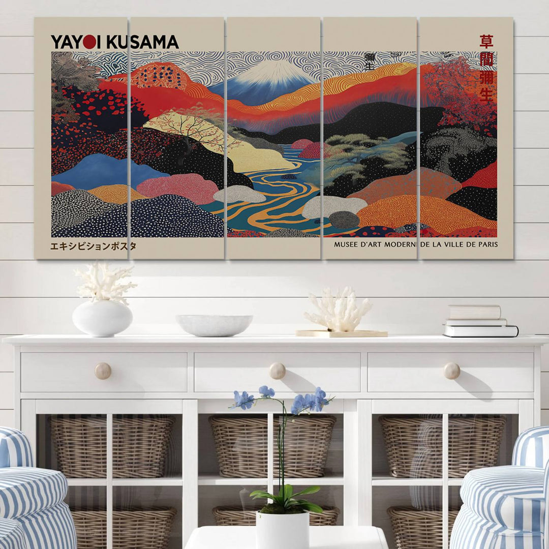 The room showcases Kusamas 1986 vibrant abstract landscape wall art print.