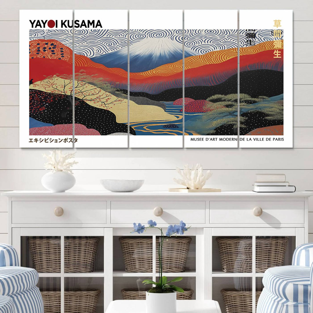 The vibrant abstract landscape canvas print featuring the Framed Yayoi Kusama 1986 Wall Art adds a touch of contemporary décor to the room.