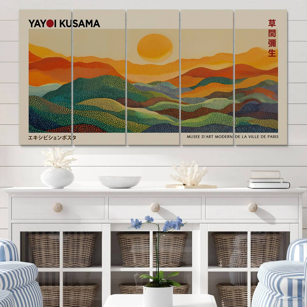 The vibrant abstract landscape depicted in the three-panel "Framed Yayoi Kusama 1986 Wall Art Print" seamlessly integrates nature-inspired décor.