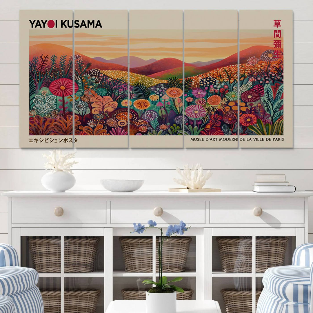 A framed Yayoi Kusama abstract landscape art print adorns the wall.