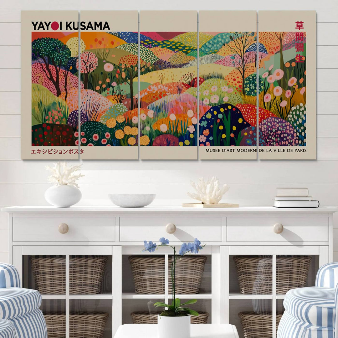 The Framed Yayoi Kusama 1986 Wall Art Print, a vibrant abstract landscape canvas inspired by Japanese design, adds a striking element to the bright room.