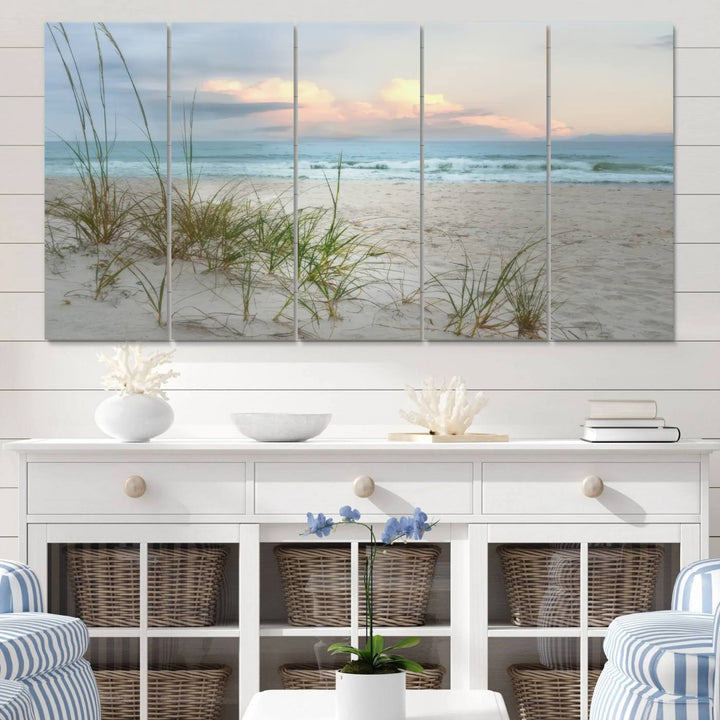 Flight Over Coastal Beach print on UV canvas displayed against white walls.