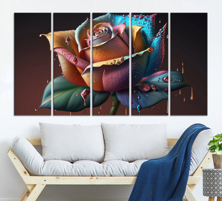 The Abstract Rose Wall Art Canvas Print displays a rose with droplets.