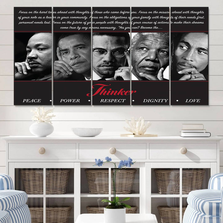 The wall art is a black and white piece featuring iconic figures accompanied by the words Thinker Peace Power Respect Dignity.