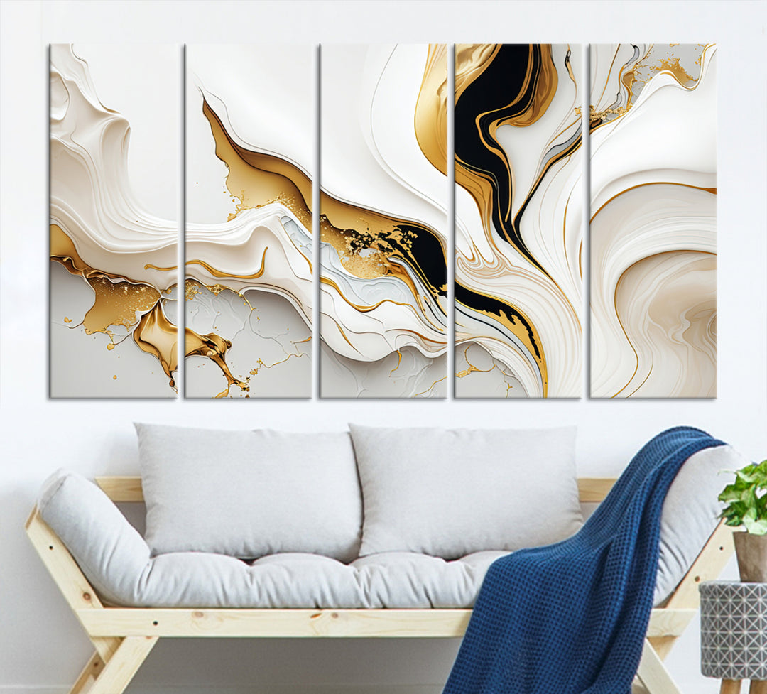 Modern interiors showcase Gold Waves on Pure White Canvas.