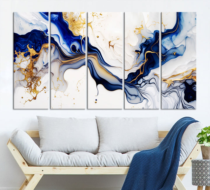 Golden Cascades on Midnight Blue wall art swirls above, featuring gold and white accents.