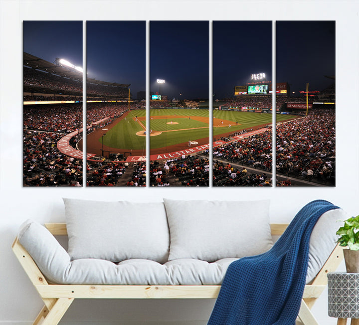 Aerial view of an LA Angels game at night, captured as stunning wall art on premium canvas, handmade in the USA.