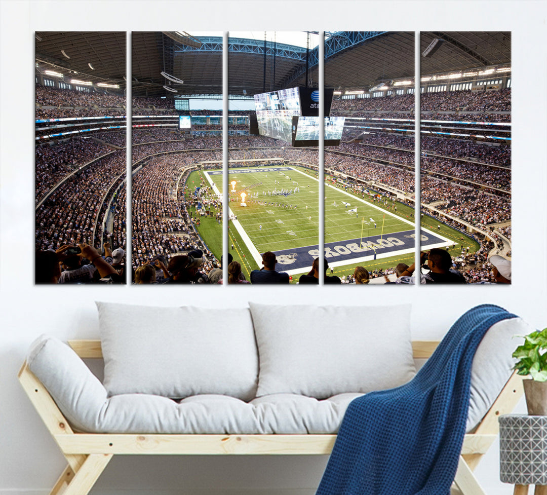 The wall art is a Dallas Cowboys AT&T Stadium Canvas Print, showcasing the iconic logo.