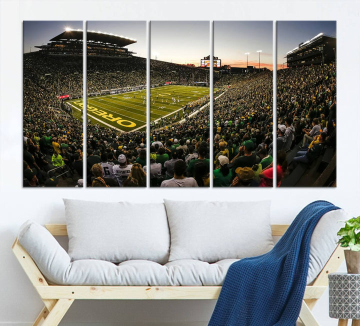 Autzen Stadium Evening Game Triple Canvas Wall Art - Oregon Ducks Football Match