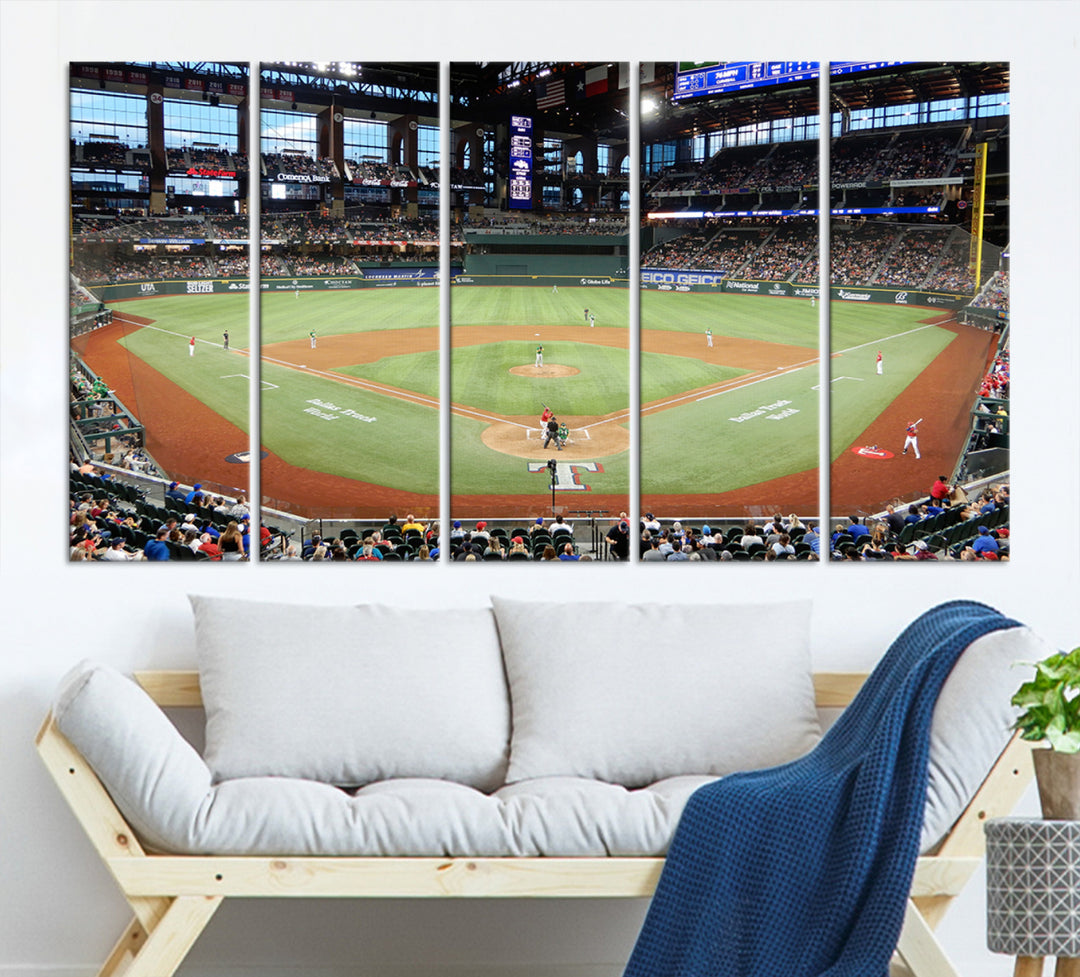 Admire the Texas Rangers Wall Art showcasing Globe Life Fields covered stadium and its lively crowd.