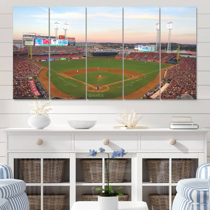 Cincinnati Reds game at sunset: Stadium wall art canvas.