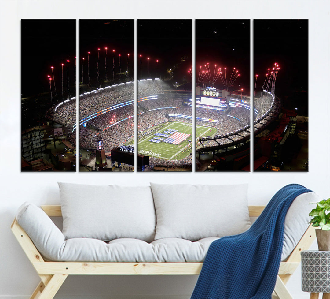 Aerial view of Gillette Stadium with fireworks and flag—ideal for a New England Patriots canvas print.