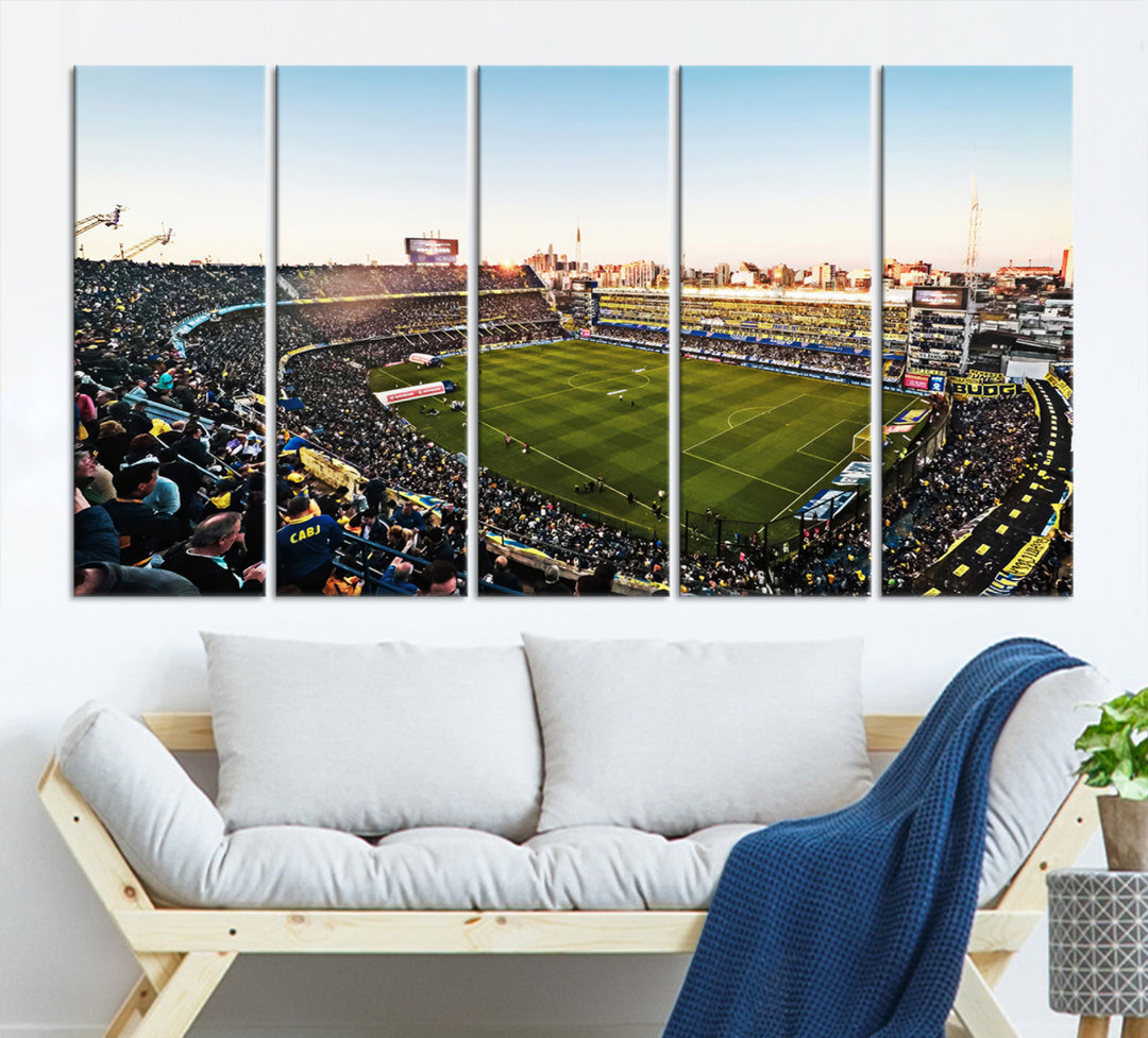 The wall art canvas print vividly captures the dynamic soccer culture at Bombonera Stadium with its vibrant depiction.