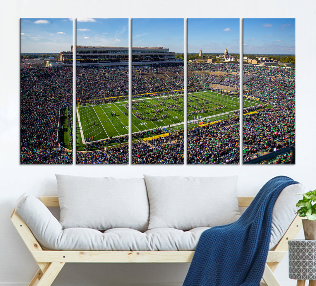 Aerial shot of packed stadium on green; Notre Dame Fighting Irish Stadium Wall Art Canvas Print.