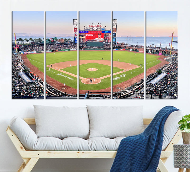 Gallery-quality canvas print of Oracle Park Stadium showcasing a waterfront view from behind home plate.