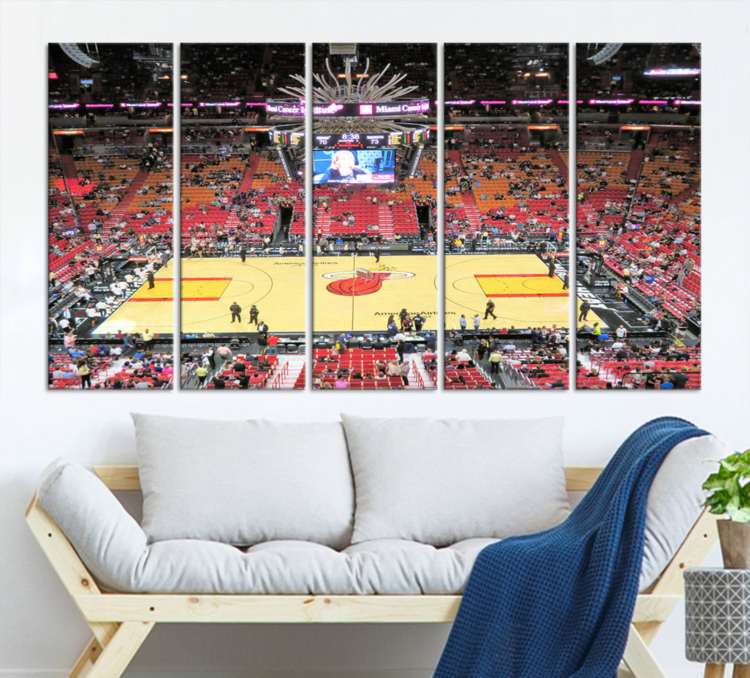 A Miami Heat Basketball Print showcases Kaseya Center Stadium Wall Art with a grand scoreboard.